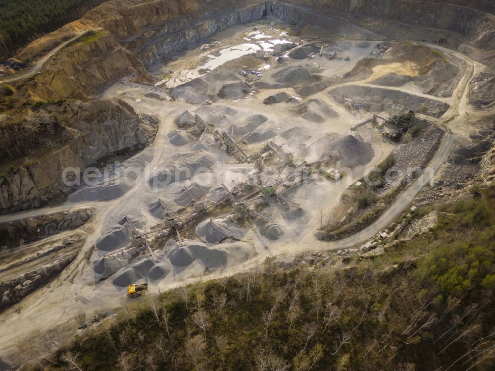 Aerial image Kamenz - Natursteinwerke Weiland GmbH, a family-owned company that operates several granite and greywacke stone plants as well as gravel plants in Upper Lusatia, in Kamenz in the state of Saxony, Germany