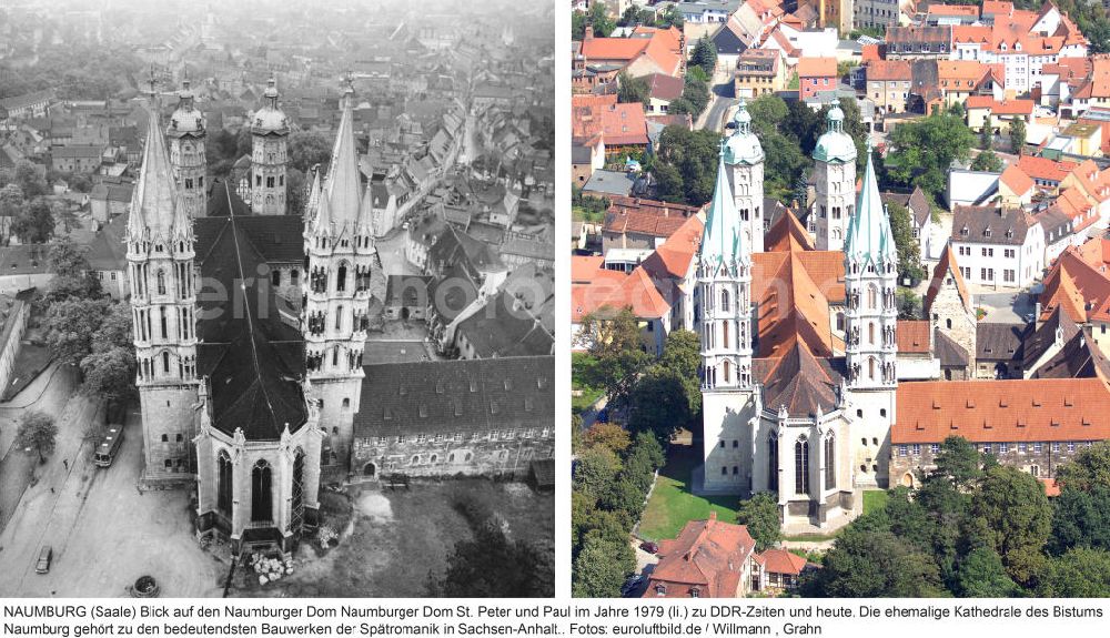 Naumburg from the bird's eye view: (li) und 2009 Blick auf den Naumburger Dom Naumburger Dom St. Peter und Paul im Jahre 1979 (li.) zu DDR-Zeiten und heute im Wandel der Zeit. Die ehemalige Kathedrale des Bistums Naumburg gehört zu den bedeutendsten Bauwerken der Spätromanik in Sachsen-Anhalt..