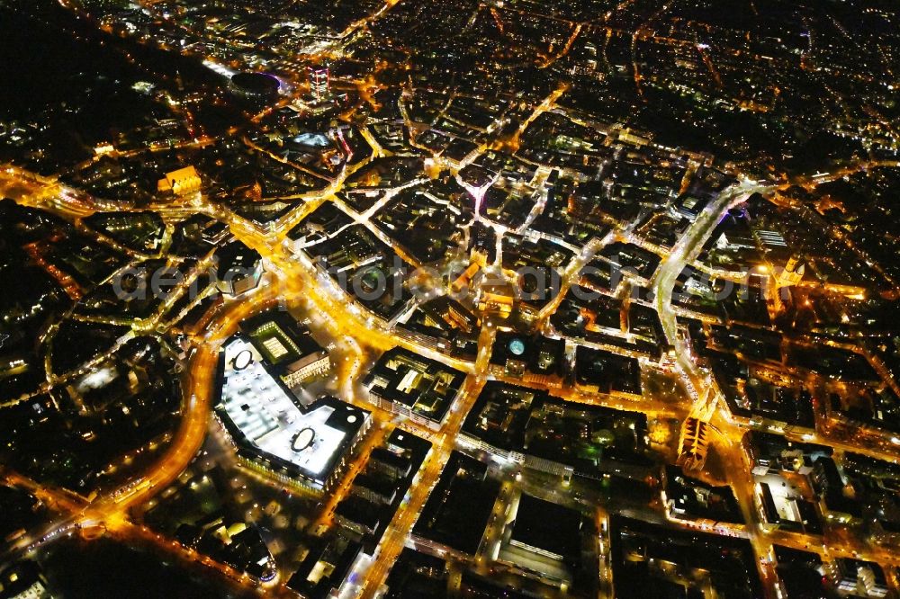 Aerial image Braunschweig - Night lighting Old Town area and city center in Braunschweig in the state Lower Saxony, Germany