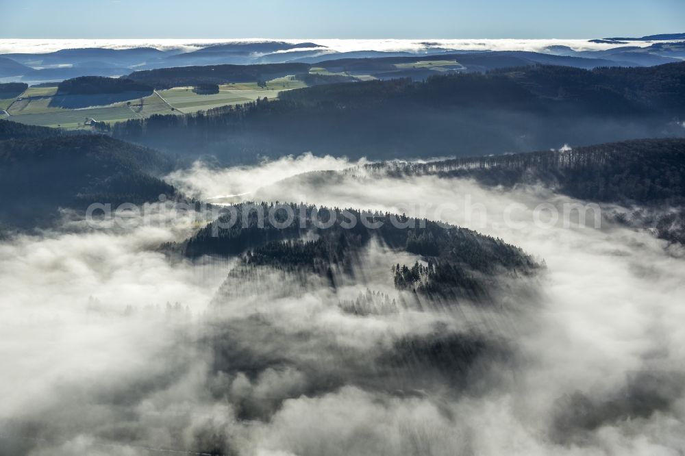 Aerial image Marsberg - Fog landscape and low-lying cloud banks over mountains and forests at Marsberg in the state of North Rhine-Westphalia