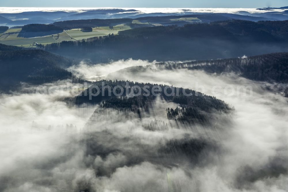 Aerial photograph Marsberg - Fog landscape and low-lying cloud banks over mountains and forests at Marsberg in the state of North Rhine-Westphalia