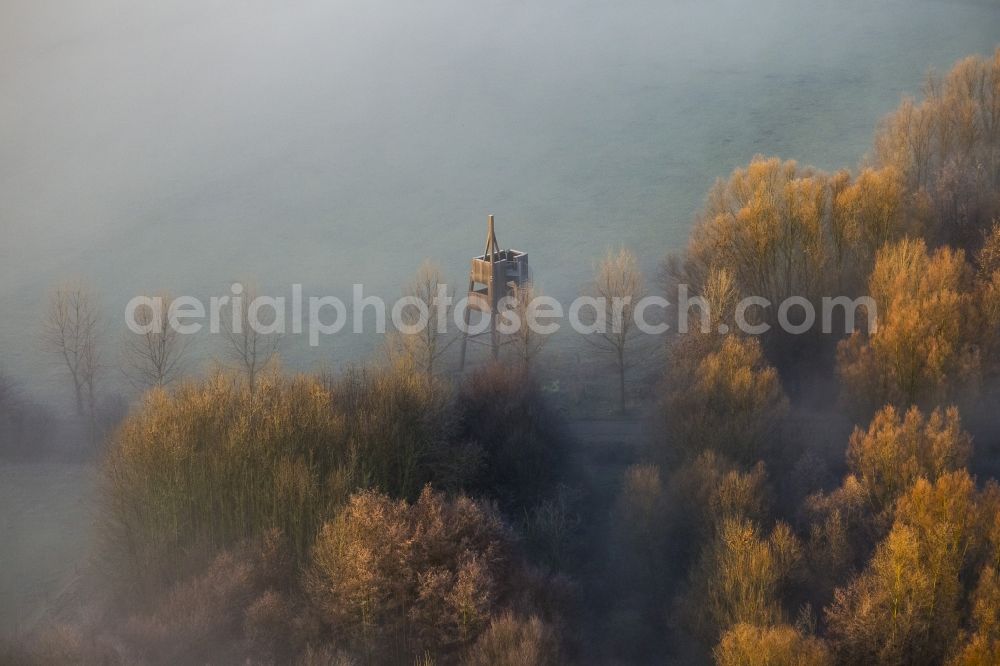 Hamm from the bird's eye view: Fog and low-lying clouds fields at the observation tower in the Lippeauen the sunrise over Hamm in North Rhine-Westphalia
