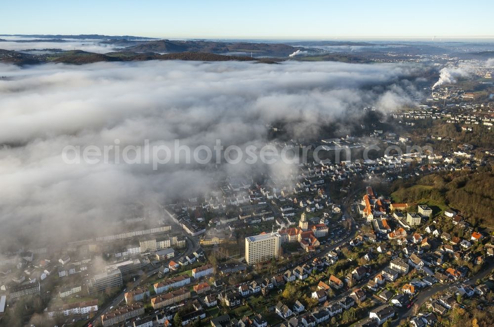 Aerial image Arnsberg - Fog and low-lying cloud fields on the outskirts of Arnsberg in North Rhine-Westphalia