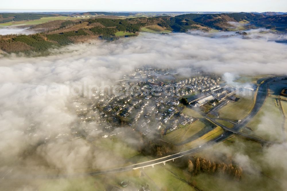 Olsberg from above - Fog and low-lying cloud fields on the outskirts of Olsberg in North Rhine-Westphalia