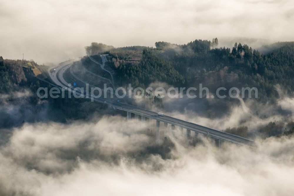 Arnsberg OT Oeventrop from above - Fog surrounded motorway bridge on the motorway Autobahn A46 at Oeventrop - a district of Arnsberg in the Sauerland region in North Rhine-Westphalia