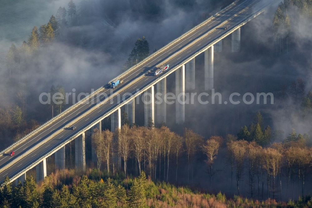 Aerial photograph Arnsberg OT Oeventrop - Fog surrounded motorway bridge on the motorway Autobahn A46 at Oeventrop - a district of Arnsberg in the Sauerland region in North Rhine-Westphalia