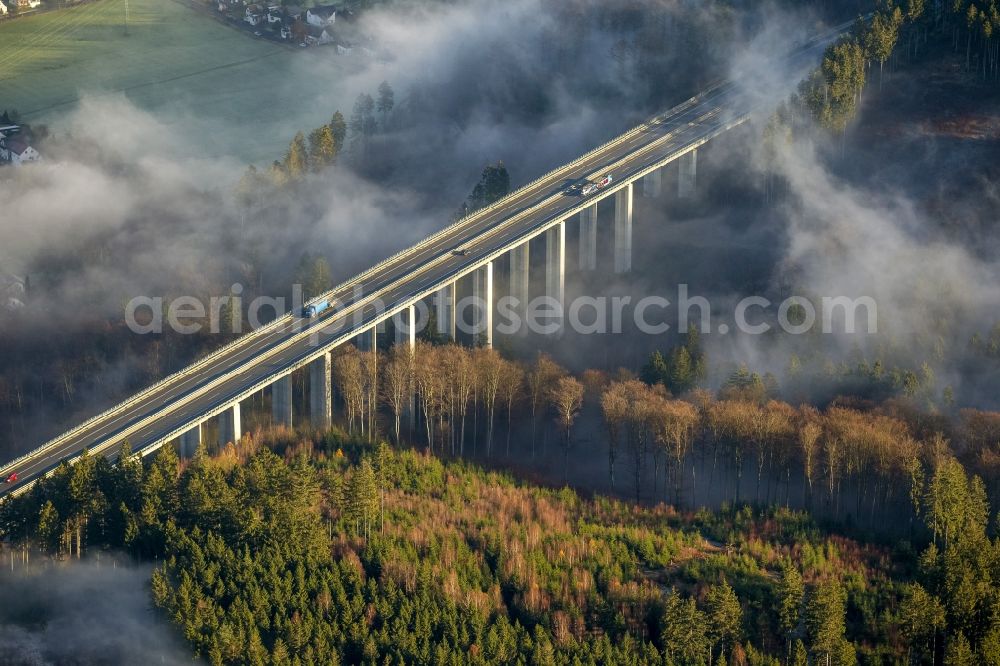 Arnsberg OT Oeventrop from above - Fog surrounded motorway bridge on the motorway Autobahn A46 at Oeventrop - a district of Arnsberg in the Sauerland region in North Rhine-Westphalia