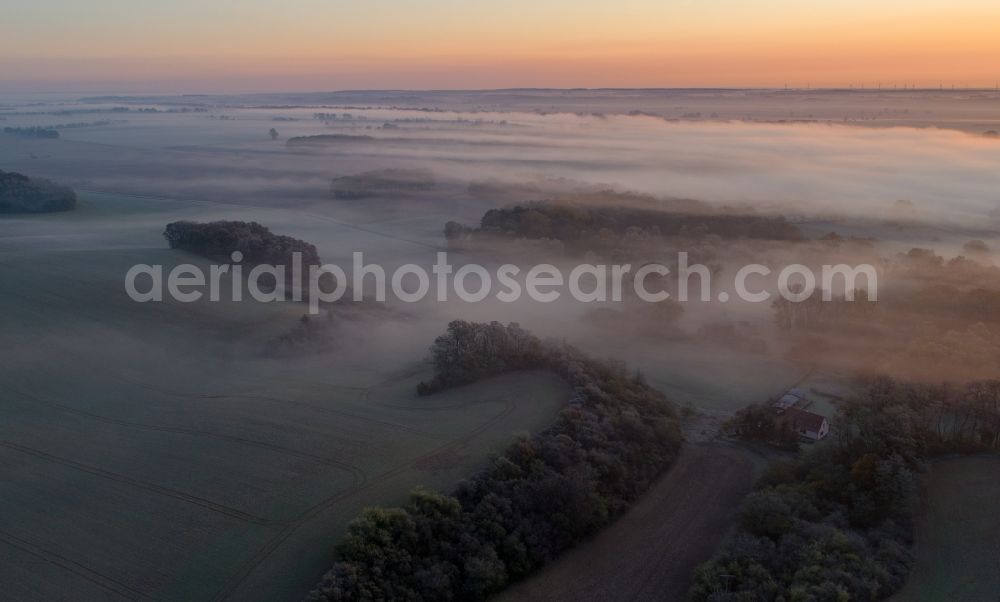 Aerial photograph Klessin - Weather related fog banks and cloud layer over forests ond fields in Klessin in the state Brandenburg, Germany