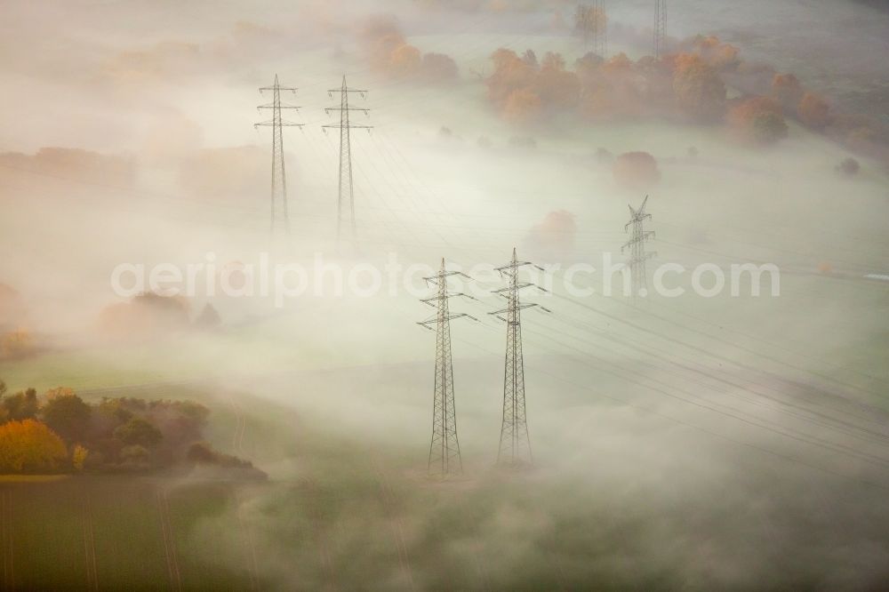 Aerial image Hattingen - Fog cloud layer at current route of the power lines and pylons in Hattingen in the state North Rhine-Westphalia