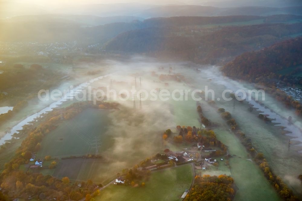 Aerial photograph Hattingen - Fog cloud layer at current route of the power lines and pylons in Hattingen in the state North Rhine-Westphalia