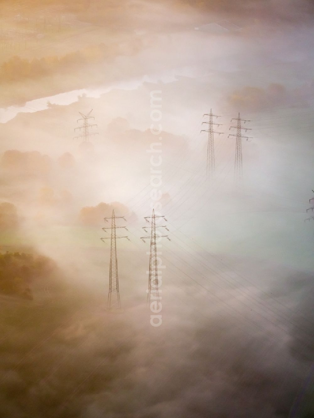 Hattingen from above - Fog cloud layer at current route of the power lines and pylons in Hattingen in the state North Rhine-Westphalia