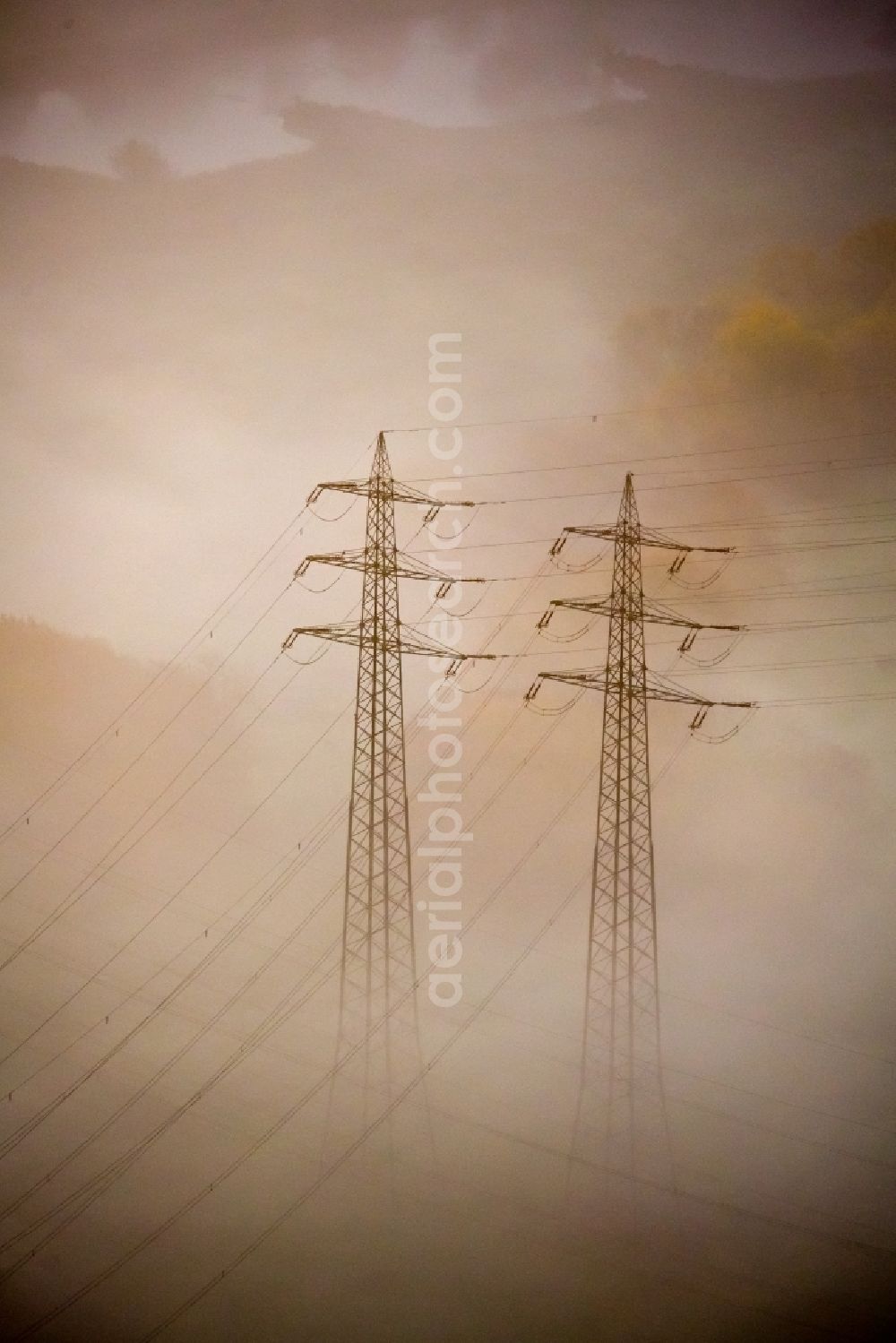 Aerial image Hattingen - Fog cloud layer at current route of the power lines and pylons in Hattingen in the state North Rhine-Westphalia