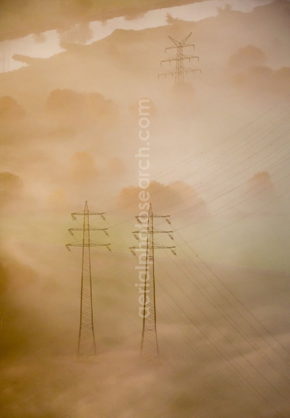 Aerial photograph Hattingen - Fog cloud layer at current route of the power lines and pylons in Hattingen in the state North Rhine-Westphalia