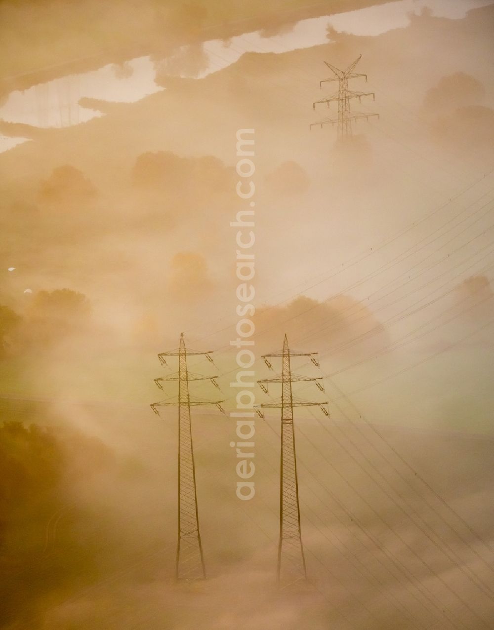 Hattingen from above - Fog cloud layer at current route of the power lines and pylons in Hattingen in the state North Rhine-Westphalia