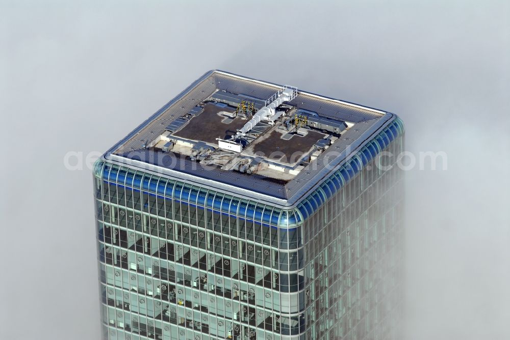 München from above - Outstanding from a layer of fog and high fog, the Uptown high-rise building - headquarters of Telefonica Germany (O2) and Astellas Pharma GmbH on Georg-Brauchle-Ring in the Moosach district of Munich in the state of Bavaria