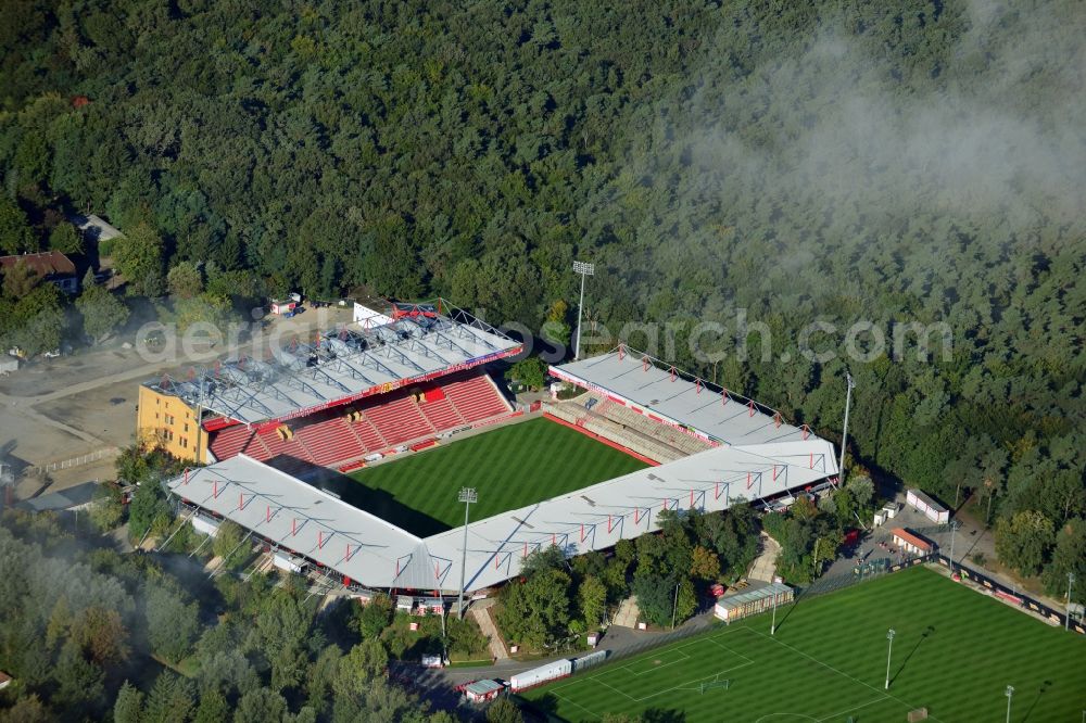 Berlin from the bird's eye view: View of new construction of the grandstand at the stadium Alte Försterei in Berlin