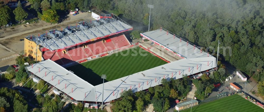 Aerial image Berlin - View of new construction of the grandstand at the stadium Alte Försterei in Berlin