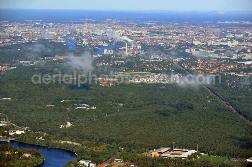 Aerial photograph Berlin - View of new construction of the grandstand at the stadium Alte Försterei in Berlin