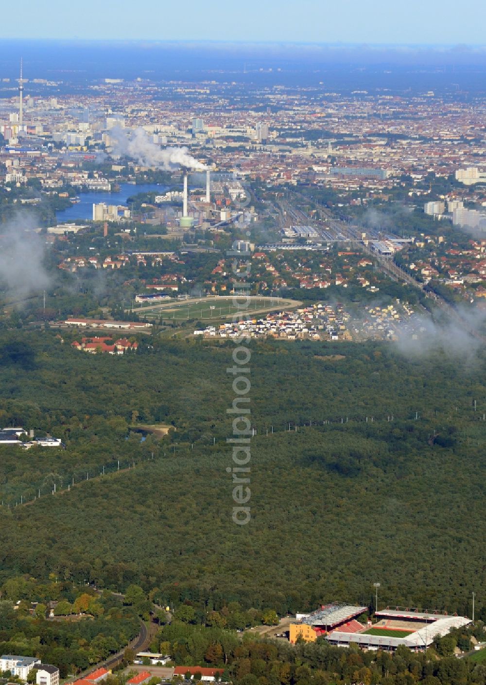 Berlin from above - View of new construction of the grandstand at the stadium Alte Försterei in Berlin