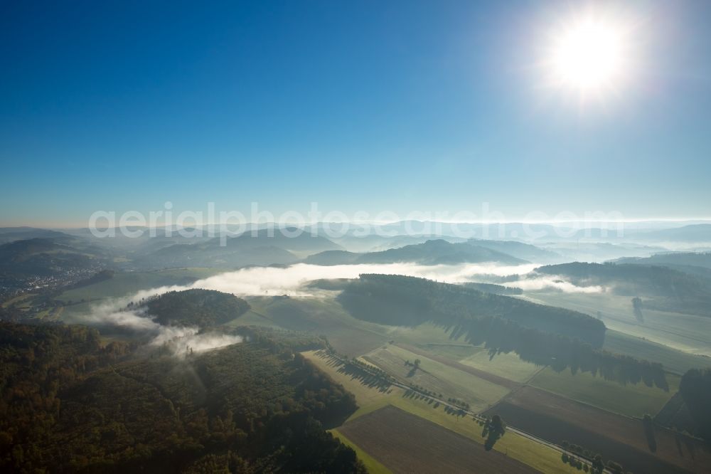 Aerial image Meschede - Fog hanger riparian areas on the lake area of Hennesee in Meschede in the state North Rhine-Westphalia