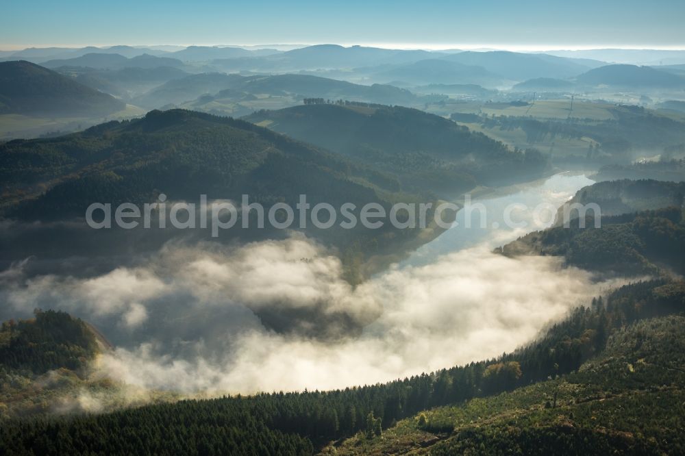 Aerial image Meschede - Fog hanger riparian areas on the lake area of Hennesee in Meschede in the state North Rhine-Westphalia