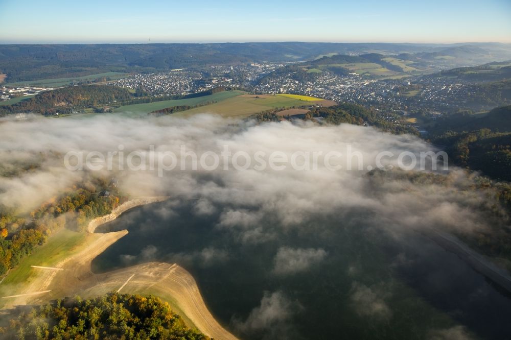 Aerial image Meschede - Fog hanger riparian areas on the lake area of Hennesee in Meschede in the state North Rhine-Westphalia