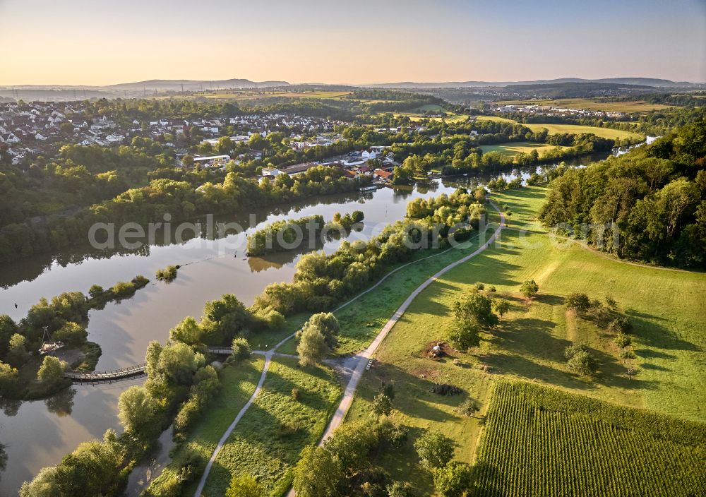 Ludwigsburg from the bird's eye view: Neckar Biotop Zugwiesen and renaturation of the river course in Ludwigsburg-Poppenweiler in the state of Baden-Wuerttemberg, Germany