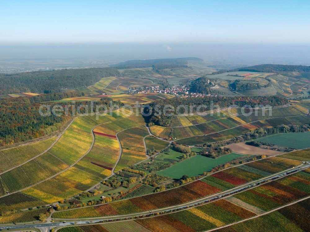 Aerial image Neipperg - The Neipperg village in the county of Heilbronn in the state of Baden-Württemberg. Neipperg has become a part of the city of Brackenheim in 1974. It is located below the Neipperg Fortress at the Heuchelberg mountain. The castle is visible in the background