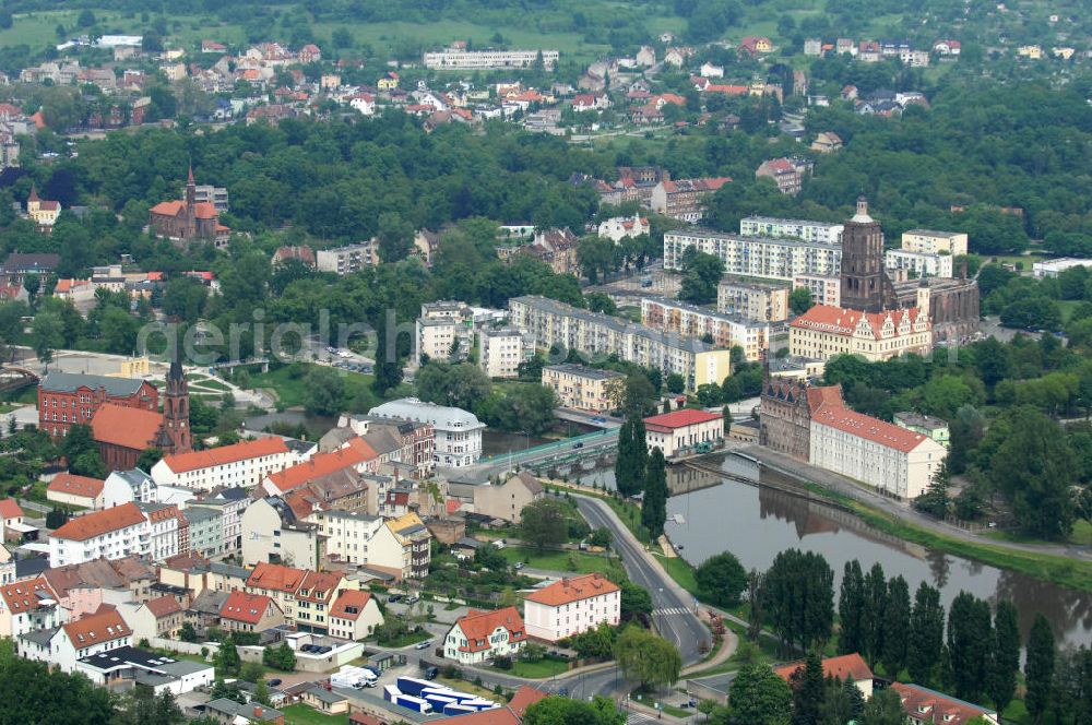 Aerial image Guben - Neissebridge at the street Frankfurter Strasse is coincident the border between the german city Guben and Gubin in Poland