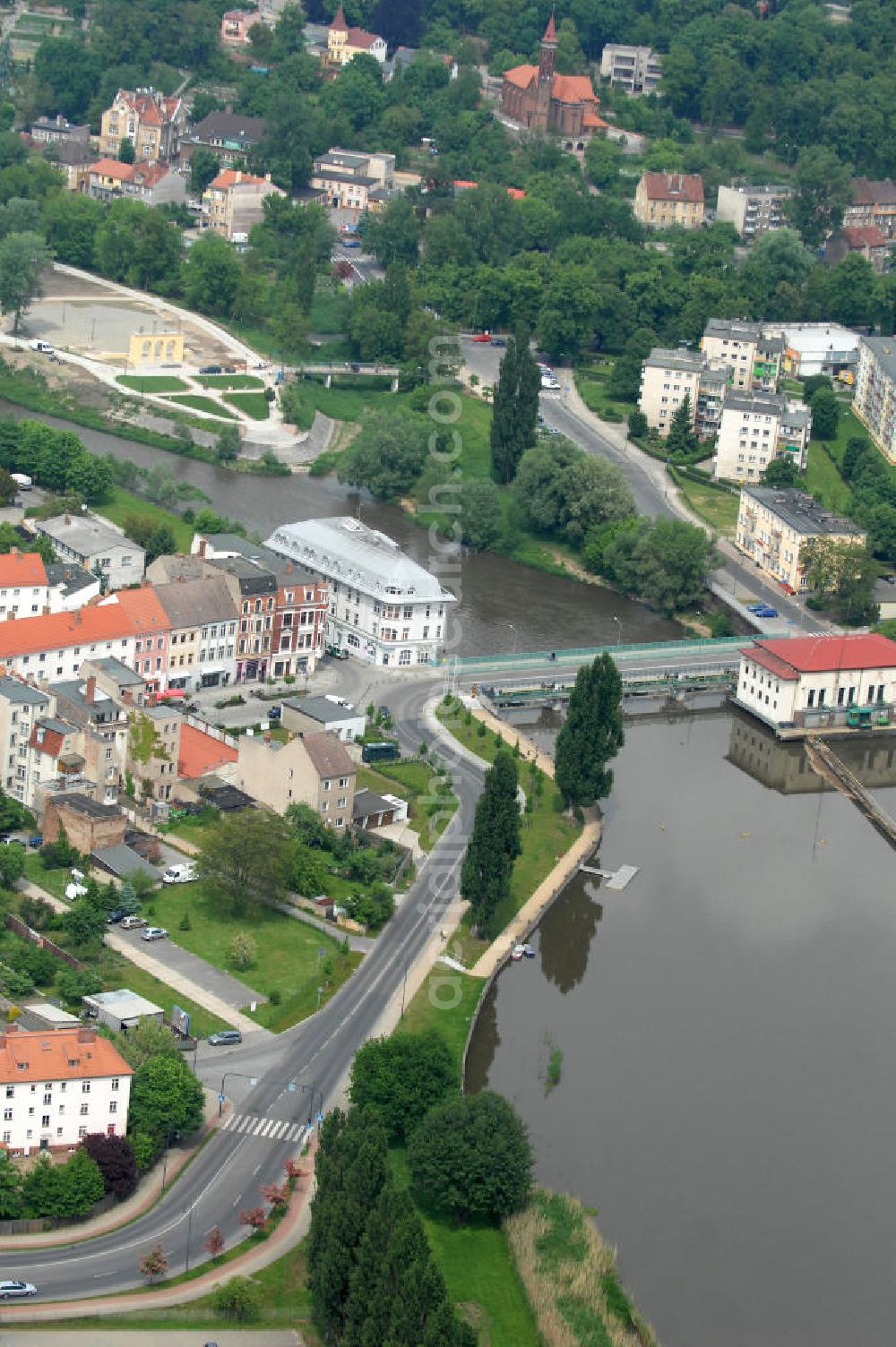 Aerial image Guben - Neissebridge at the street Frankfurter Strasse is coincident the border between the german city Guben and Gubin in Poland