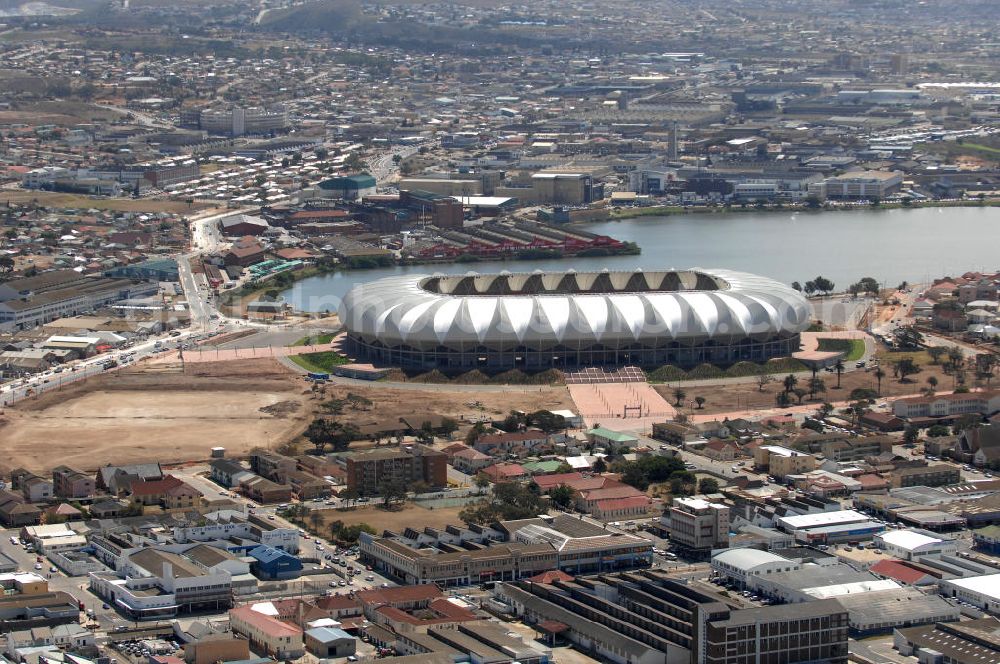 Port Elizabeth from the bird's eye view: Blick auf das Nelson - Mandela - Bay - Stadion in Port Elizabeth in der Provinz Eastern Cape in Südafrika vor der Fußball-Weltmeisterschaft 2010. Der architektonische Entwurf stammt vom deutschen Architekturbüro Gerkan, Marg und Partner (gmp), die Tragwerksplanung für das Dach erfolgt durch Ingenieurbüro Schlaich, Bergermann und Partner. Das Stadion steht am North End Lake. View of the Nelson-Mandela-Bay-Stadium in Port Elizabeth in South Af?????????????????????????????????