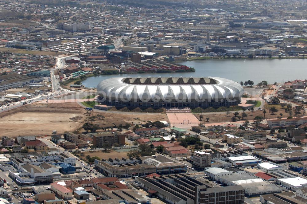 Aerial image Port Elizabeth - Blick auf das Nelson - Mandela - Bay - Stadion in Port Elizabeth in der Provinz Eastern Cape in Südafrika vor der Fußball-Weltmeisterschaft 2010. Der architektonische Entwurf stammt vom deutschen Architekturbüro Gerkan, Marg und Partner (gmp), die Tragwerksplanung für das Dach erfolgt durch Ingenieurbüro Schlaich, Bergermann und Partner. Das Stadion steht am North End Lake. View of the Nelson-Mandela-Bay-Stadium in Port Elizabeth in South Af?????????????????????????????????