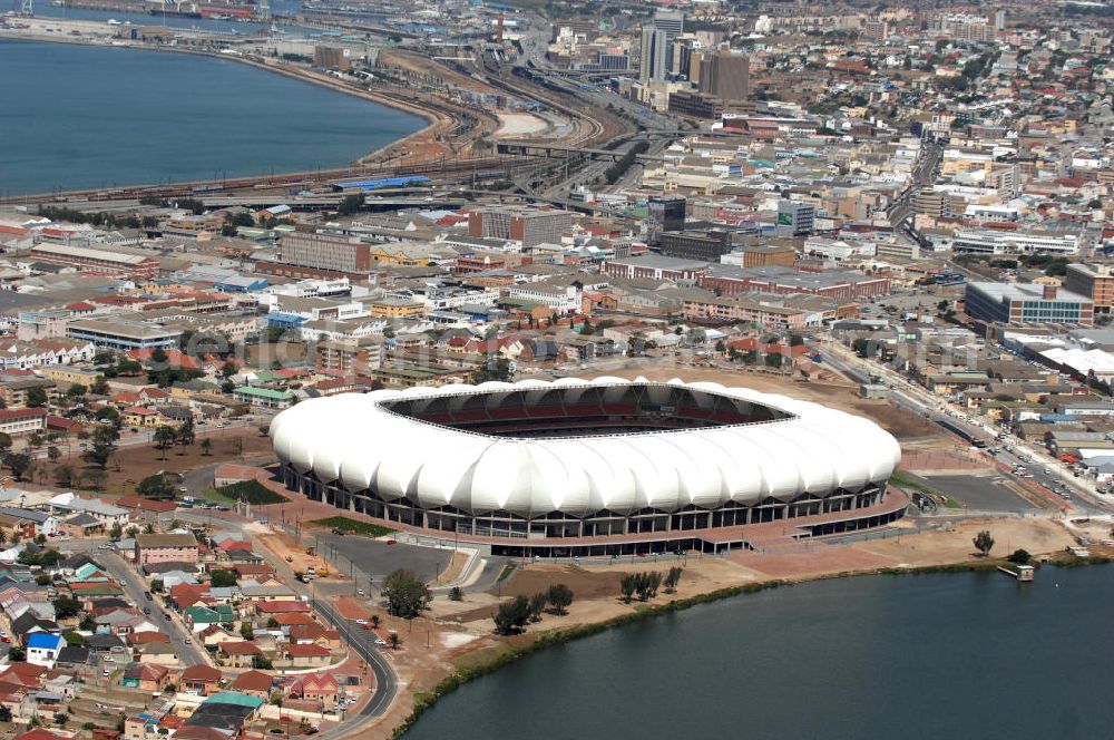 Aerial image Port Elizabeth - Blick auf das Nelson - Mandela - Bay - Stadion in Port Elizabeth in der Provinz Eastern Cape in Südafrika vor der Fußball-Weltmeisterschaft 2010. Der architektonische Entwurf stammt vom deutschen Architekturbüro Gerkan, Marg und Partner (gmp), die Tragwerksplanung für das Dach erfolgt durch Ingenieurbüro Schlaich, Bergermann und Partner. Das Stadion steht am North End Lake. View of the Nelson-Mandela-Bay-Stadium in Port Elizabeth in South Af?????????????????????????????????