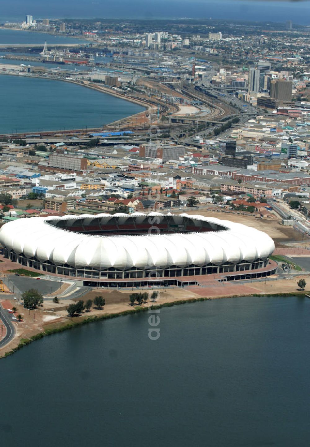 Port Elizabeth from the bird's eye view: Blick auf das Nelson - Mandela - Bay - Stadion in Port Elizabeth in der Provinz Eastern Cape in Südafrika vor der Fußball-Weltmeisterschaft 2010. View of the Nelson-Mandela-Bay-Stadium in Port Elizabeth in South Africa for the FIFA World Cup 2010.