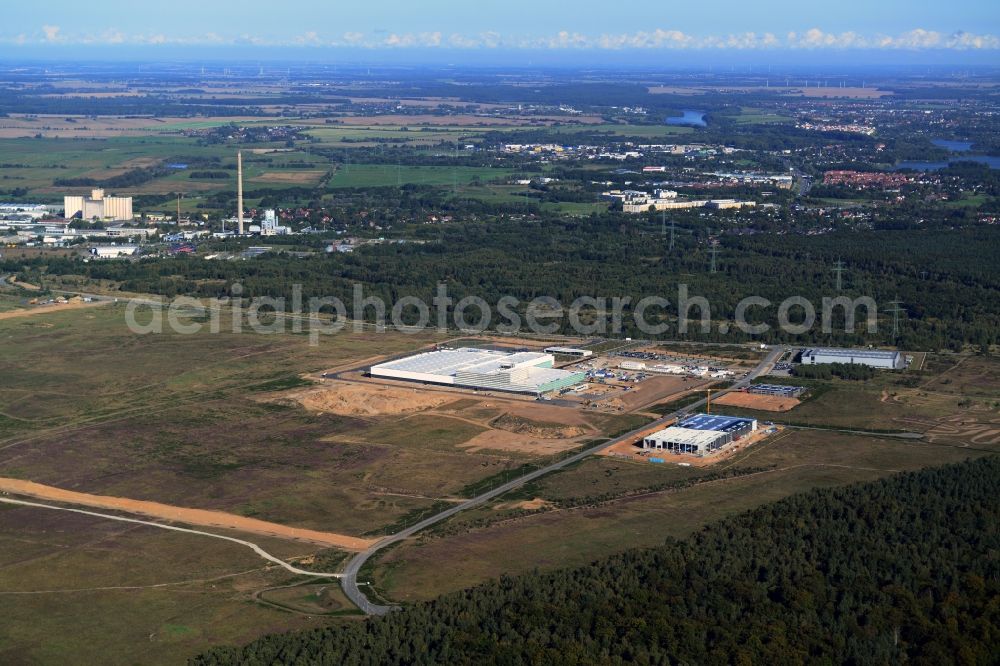 Aerial image Schwerin - Nestle - construction site for a manufacturing plant in the Industrial Park Schwerin in Mecklenburg - Western Pomerania