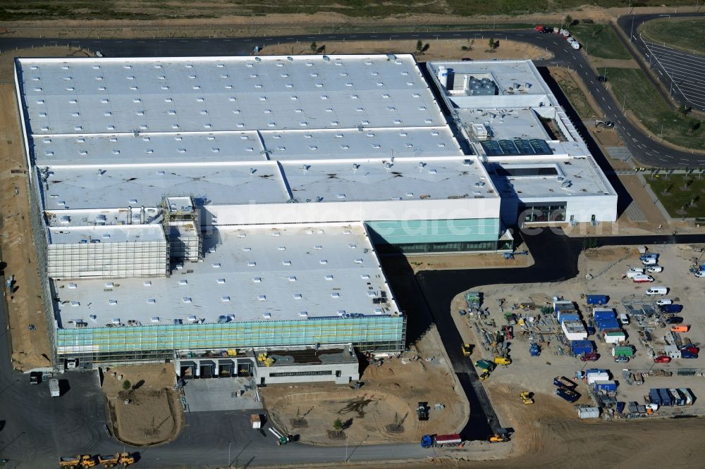 Schwerin from the bird's eye view: Nestle - construction site for a manufacturing plant in the Industrial Park Schwerin in Mecklenburg - Western Pomerania