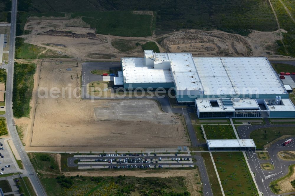 Schwerin from the bird's eye view: Nestle - construction site for a manufacturing plant in the Industrial Park Schwerin in Mecklenburg - Western Pomerania