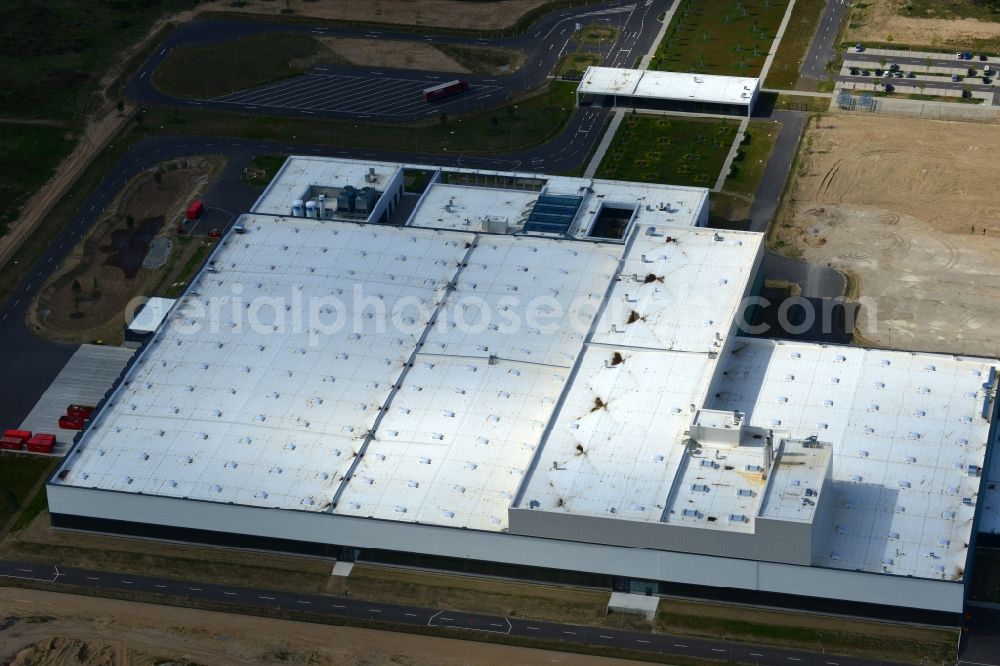 Schwerin from the bird's eye view: Nestle - construction site for a manufacturing plant in the Industrial Park Schwerin in Mecklenburg - Western Pomerania