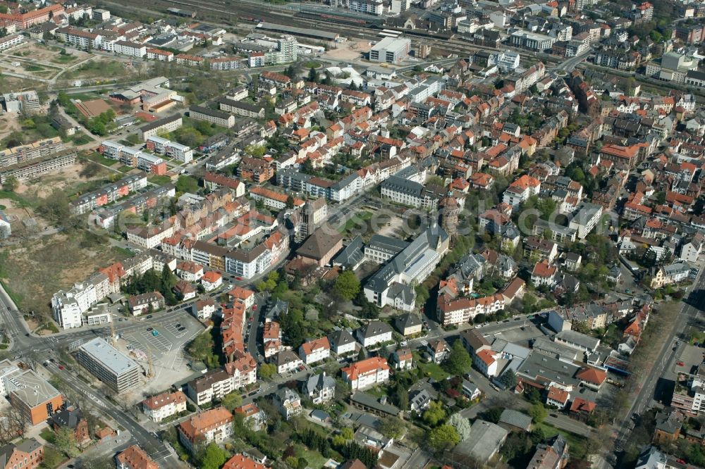 Worms from above - New- and old building of the Eleonoren-Gymnasiums between the Lutherkirche in the Friedrich-Ebert-Strasse and the Ulrich-von-Hutten-Strasse in Worms in Rhineland-Palatinate