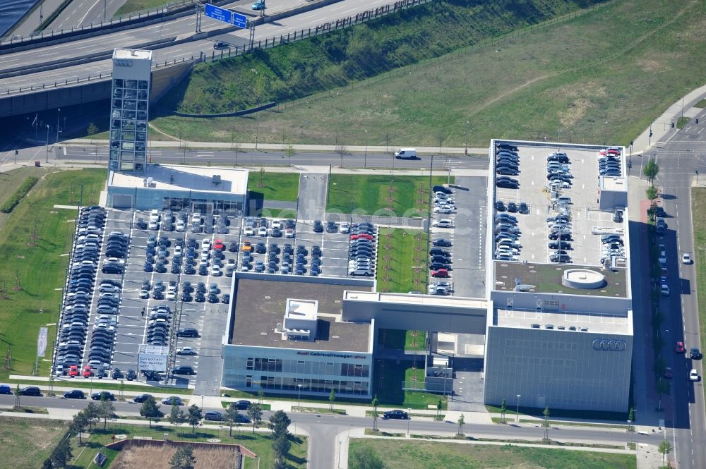 Aerial image Berlin - Feriger Neubau des Audi Zentrums in Berlin - Adlershof. Die Audi Retail GmbH investiert über 30 Mio Euro um den Standort zu einem der größten Audi- Zentren in Deutschland auszubauen. Die Baufirma ZÜBLIN errichtete das Flaggschiff der 18 deutschen Audi Terminals. New building of the Audi Terminal in Berlin - Adlershof.