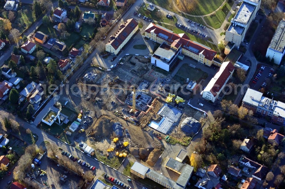 Berlin from the bird's eye view: New build and renovation of the psychiatry clinic at the Vivantes Clinical Centre Hellersdorf at the road Myslowitzer Strasse in Berlin-Kaulsdorf