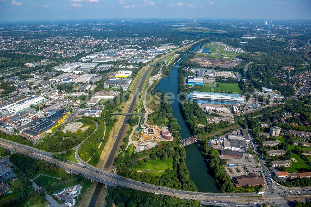 Gelsenkirchen from the bird's eye view: Construction site to build a new pumping station at the sewer at the Emscher in Gelsenkirchen in the state of North Rhine-Westphalia