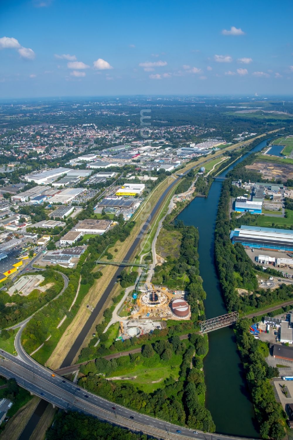 Aerial image Gelsenkirchen - Construction site to build a new pumping station at the sewer at the Emscher in Gelsenkirchen in the state of North Rhine-Westphalia