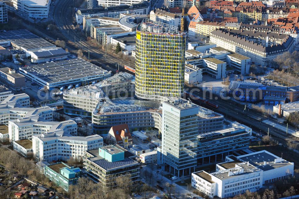 Aerial photograph München - Baustelle am Neubau der ADAC Zentrale an der Hansastraße in München. Das Gebäude ist ein Projekt des Berliner Architektenbüros Sauerbruch Hutton und der ZÜBLIN AG. Construction site of the new build of the ADAC Headquaters at the Hansastrasse in Munich.