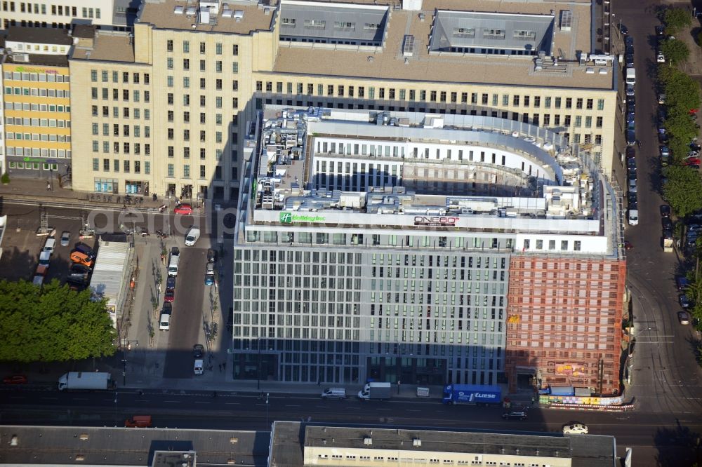 Aerial photograph Berlin - View at the from the Berlin architectural office Collignon designed hotel building Alexan der Parkside at the corner Wadzeckstraße / Otto-Braun-Strasse in Mitte in Berlin. PORR Germany GmbH built here a project of IVG Development AG. Some hotels will host the area in the future: Hampton by Hilton with two or three stars, a Holiday Inn with three or four stars, a Azure Hostel and a Boarding House