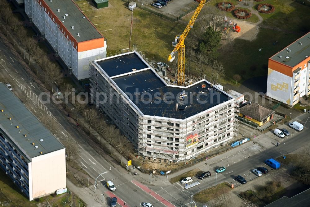 Aerial image Oranienburg - Construction site for the new construction of an age-appropriate residential complex on Walther-Bothe-Strasse in Oranienburg in the state Brandenburg, Germany