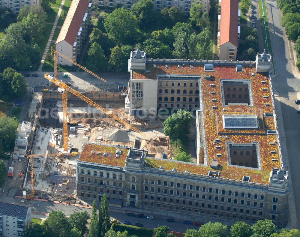 Aerial image Dresden - Erweiterungsbaustelle am Landsgericht / Amtsgericht an der Lothringer Strasse in Dresden / Pirnaische Vorstadt. Extension building site of regional court / district court at Lothringer Straße in Dresden / Pirnaische Vorstadt.