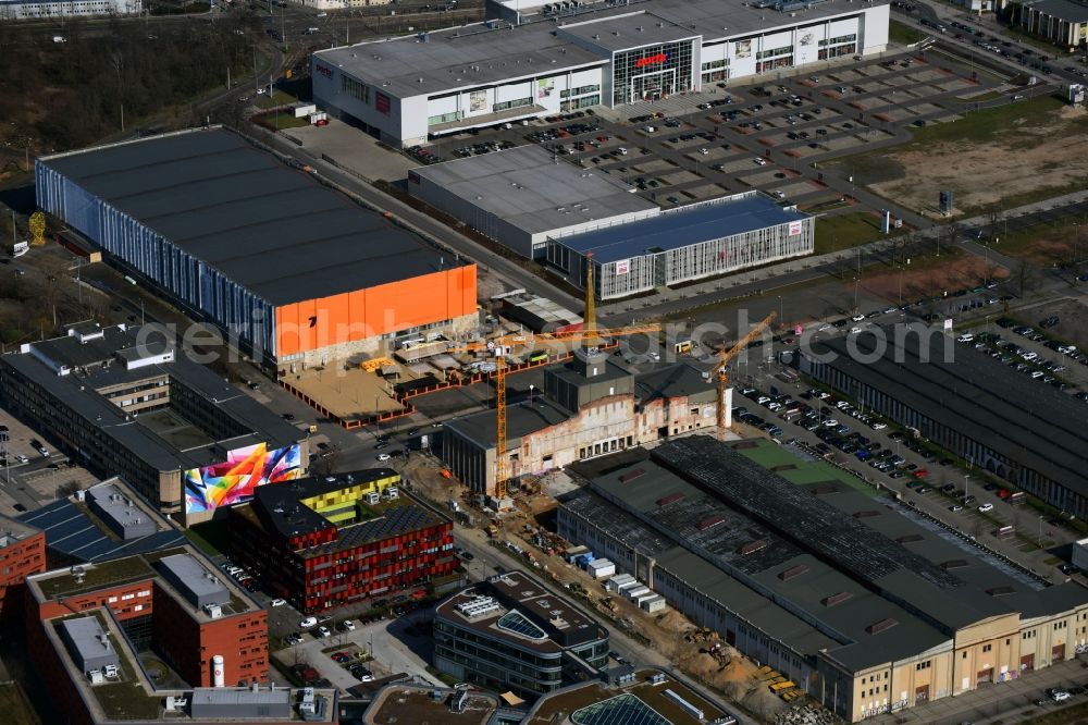 Aerial image Leipzig - Construction site of the function and archive building Stadtarchiv in the formerly Messehalle 12 Achilleion in the district Zentrum-Suedost in Leipzig in the state Saxony, Germany