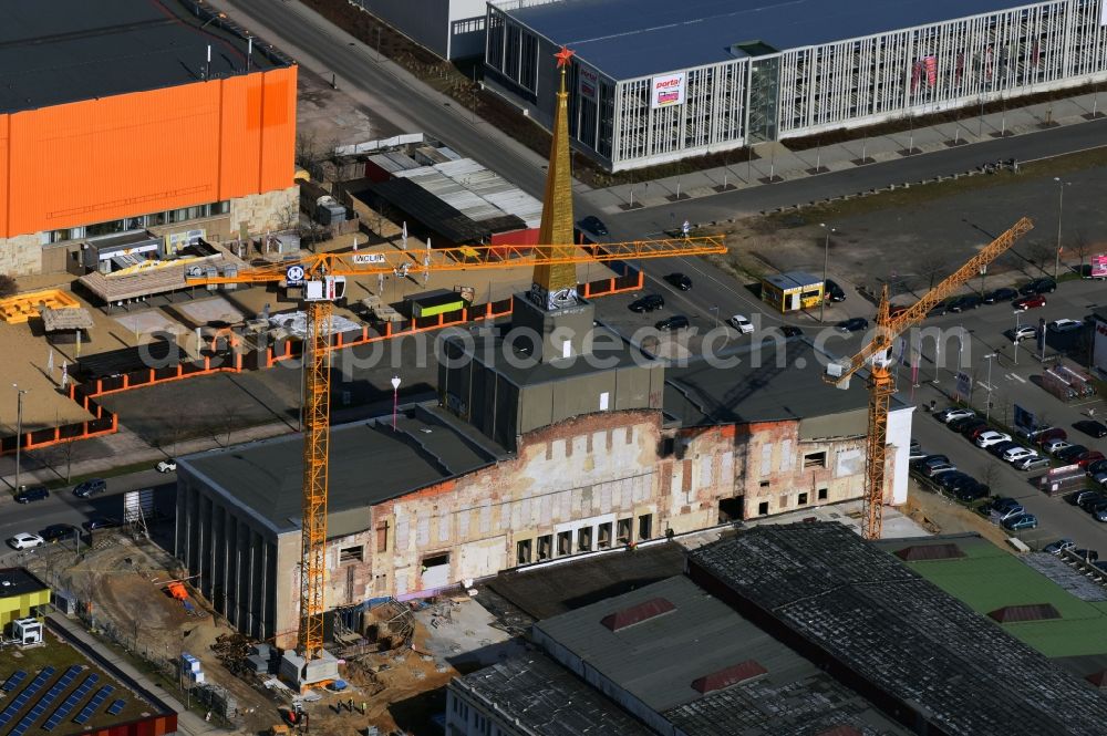 Aerial photograph Leipzig - Construction site of the function and archive building Stadtarchiv in the formerly Messehalle 12 Achilleion in the district Zentrum-Suedost in Leipzig in the state Saxony, Germany