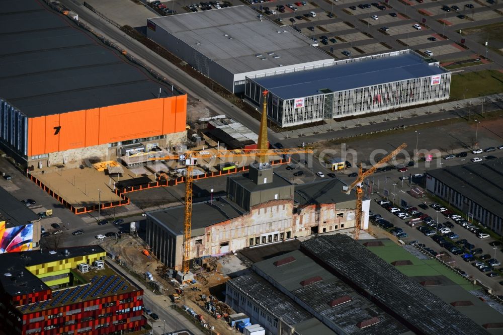 Leipzig from above - Construction site of the function and archive building Stadtarchiv in the formerly Messehalle 12 Achilleion in the district Zentrum-Suedost in Leipzig in the state Saxony, Germany